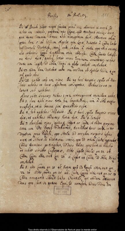 Texte manuscrit d'Ismaël Boulliau, Paris, 8 janvier 1680