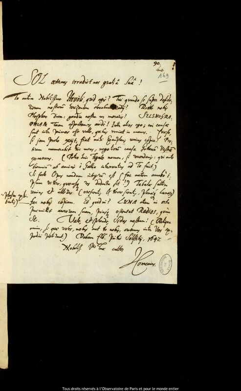 Lettre de Jan Amos Comenius à Jan Heweliusz, Elblag, 20 juin 1647