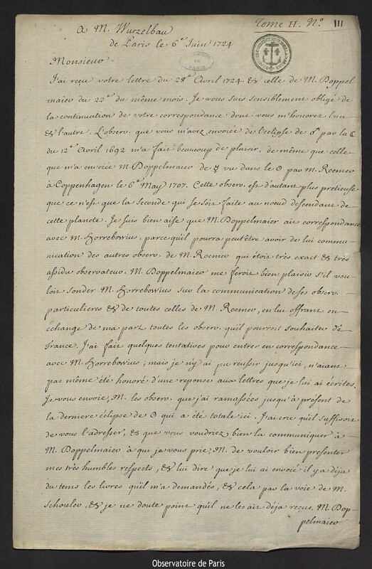 Lettre de Joseph-Nicolas Delisle à Johann Philipp von Wurzelbau, Paris, 6 juin 1724