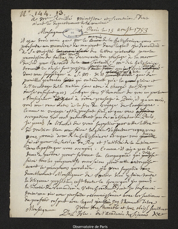 Lettre de Joseph-Nicolas Delisle à Antoine Louis Rouillé, Paris, 15 août 1753