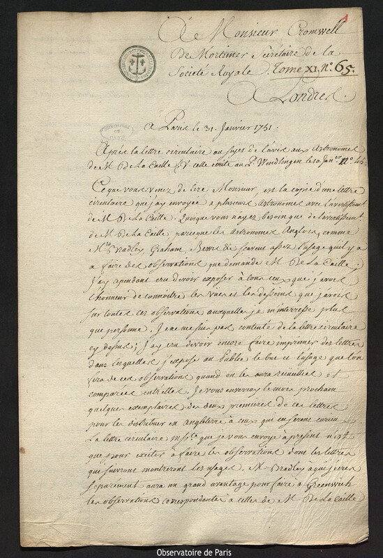 Lettre de Joseph-Nicolas Delisle à Cromwell Mortimer, Paris, 31 janvier 1751