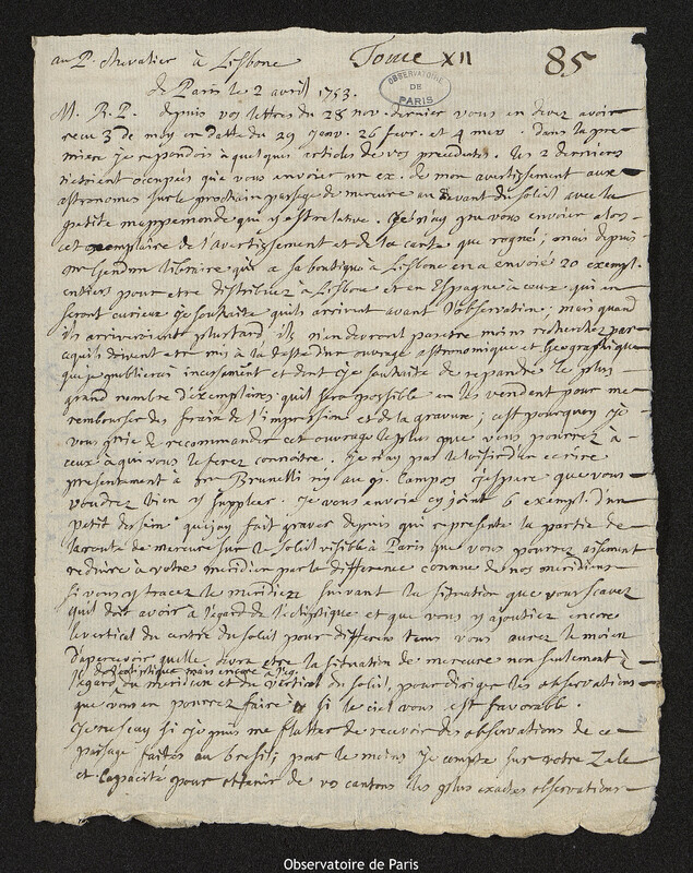 Lettre de Joseph-Nicolas Delisle à Jean Chevalier,Paris, 2 avril 1753