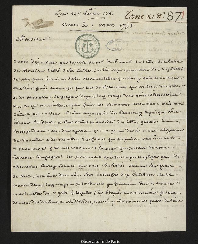 Lettre de Laurent Béraud à Joseph-Nicolas Delisle, Lyon, 24 février 1751