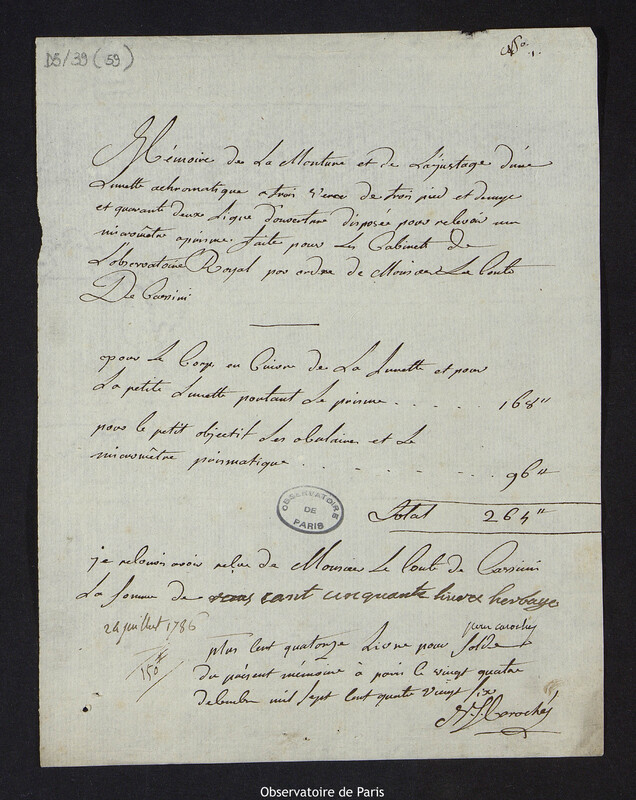 Mémoire de la monture et de l'ajustage d'une lunette achromatique à trois verres de trois pieds et demi quarante deux lignes d'ouverture disposée pour relever un micromètre faite pour le Cabinet de l'Observatoire Royal par ordre de Monsieur le Comte de Cassini