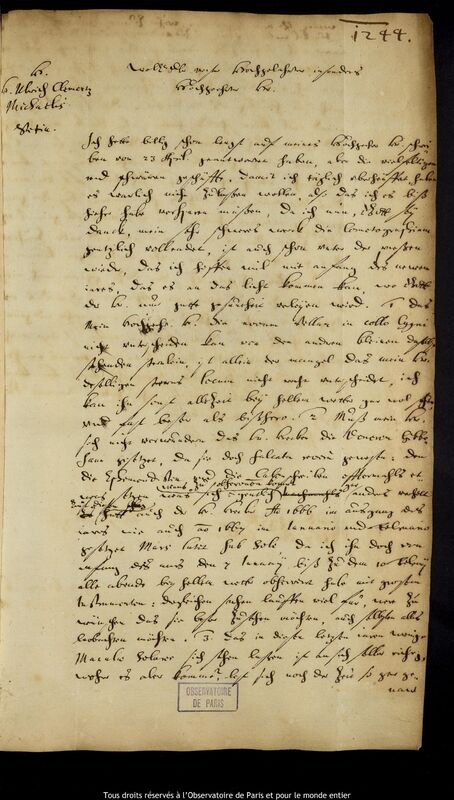 Lettre de Jan Heweliusz à Ulrich Clemens Michaelis, Gdansk, 20 octobre 1667