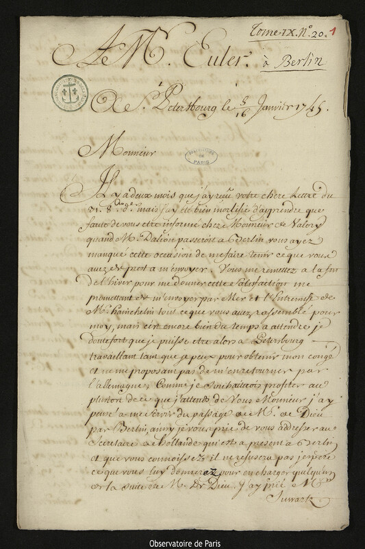 Lettre de Joseph-Nicolas Delisle à Leonhard Euler, Saint-Pétersbourg,16 janvier 1745