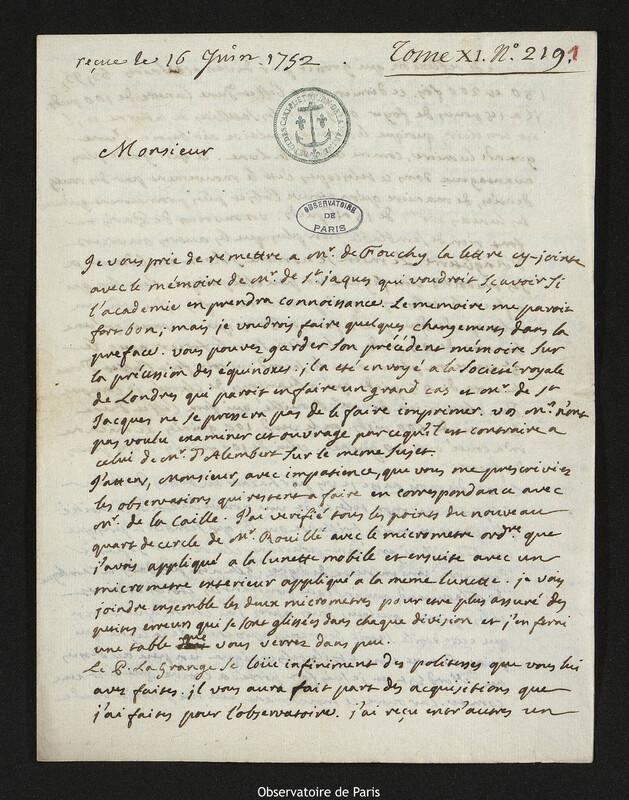 Lettre de Esprit Pezenas à Joseph-Nicolas Delisle, Marseille, 5 juin 1752