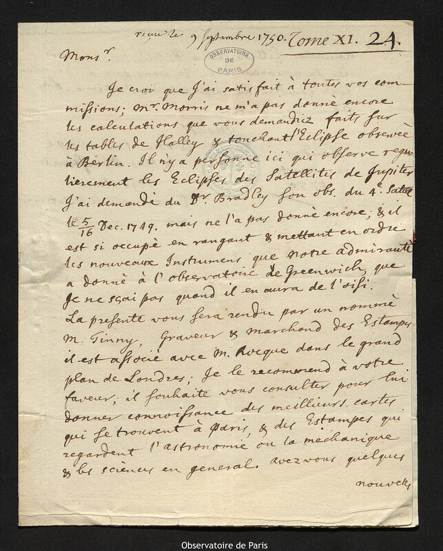 Lettre de Cromwell Mortimer à Joseph-Nicolas Delisle, Londres, 1 août 1750