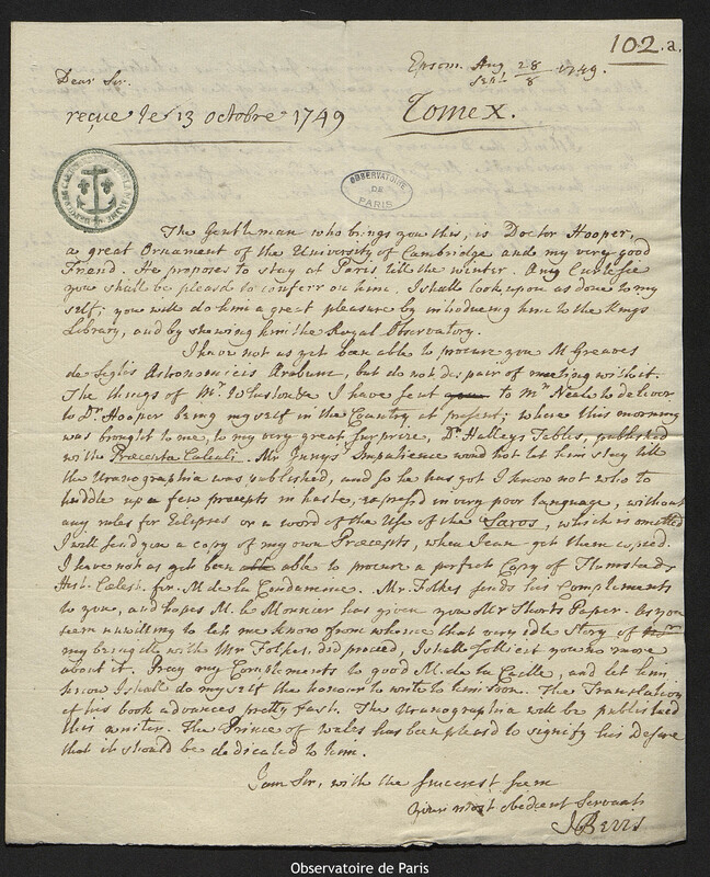 Lettre de Jean Bevis à Joseph-Nicolas Delisle, Epsom, 8 septembre 1749