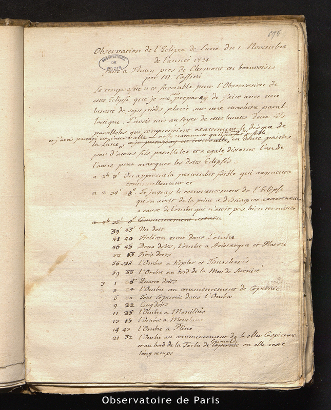 Observations de l'éclipse de Lune du 1 novembre de l'année 1724 faites à Thury près de Clermont en Beauvoisis par M. Cassini