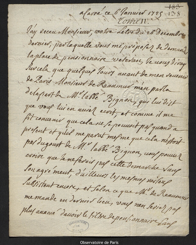 Lettre de Jacques d'Allonville de Louville à Joseph-Nicolas Delisle, Lieu-dit Le Clos du Petit Carré, 6 janvier 1725