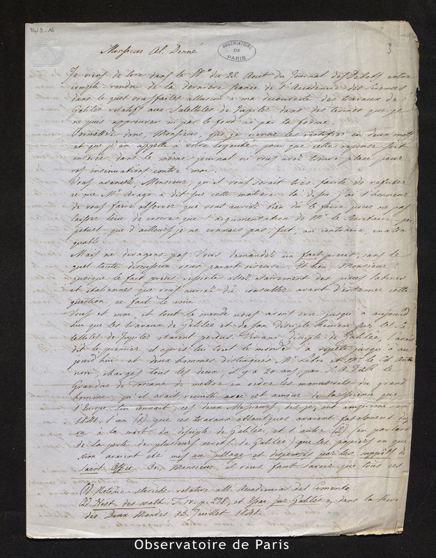 Lettre d'Eugène Albéri à Alfred Donné, Florence le 31 août 1843