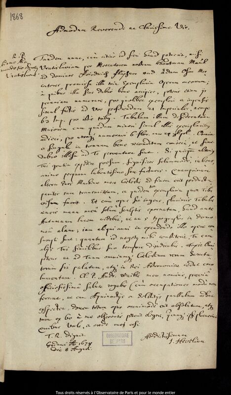 Lettre de Jan Heweliusz à Adam Adamandus Kochanski, Gdansk, 8 août 1678