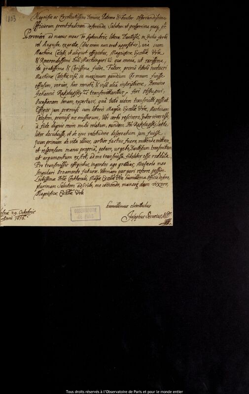 Lettre de Joseph Securius à Jan Heweliusz, Leszno, 29 octobre 1676