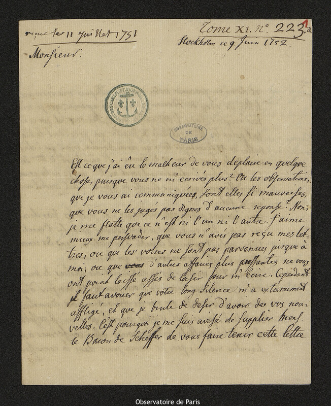 Lettre de Pehr Wilhelm Wargentin à Joseph-Nicolas Delisle, Stockholm, 9 juin 1752