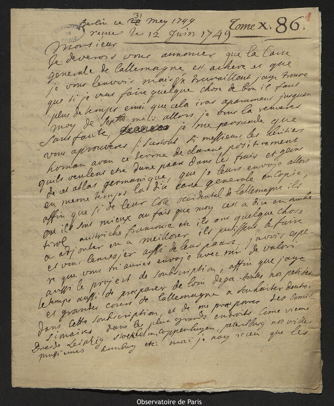 Lettre de comte Samuel de Schmettau à Joseph-Nicolas Delisle, Berlin, 31 mai 1749