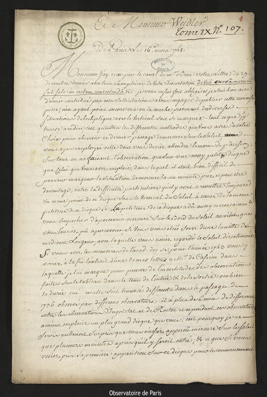 Lettre de Joseph-Nicolas Delisle à Johann Friedrich Weidler, Paris, 16 mars 1748