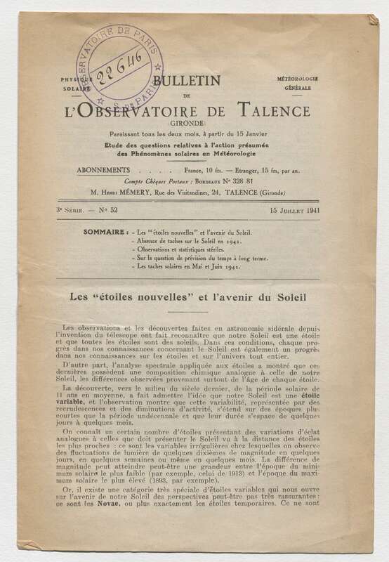 (1941) Bulletin de l'Observatoire de Talence, 3e série