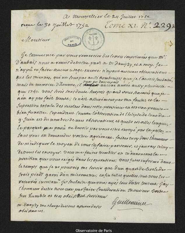 Lettre de Pierre-François de Guillemet à Joseph-Nicolas Delisle, Montpellier, 24 juillet 1752