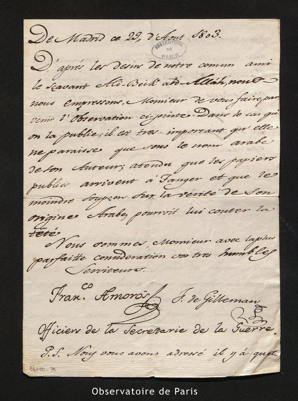 Lettre de F de Gilleman, Fran.co Amoros à Méchain, Madrid le 29 août 1803