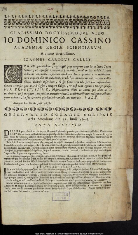 Texte imprimé de Jean Charles Gallet, Avignon, 10 juillet 1676