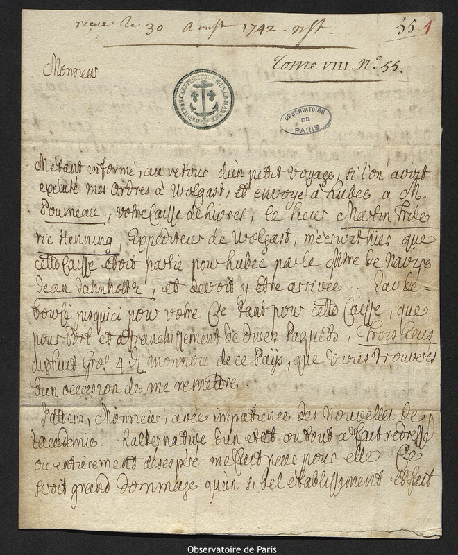 Lettre de Paul Émile de Mauclerc à Joseph-Nicolas Delisle, Szczecin, 19 août 1742