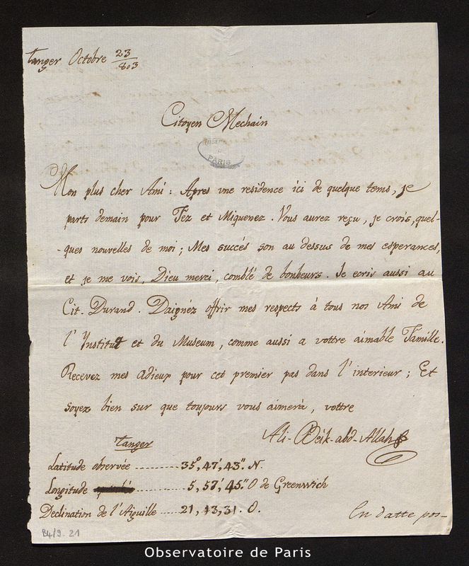 Lettre d'Ali Beik abb Allah à Méchain, Tanger le 23 octobre 1803