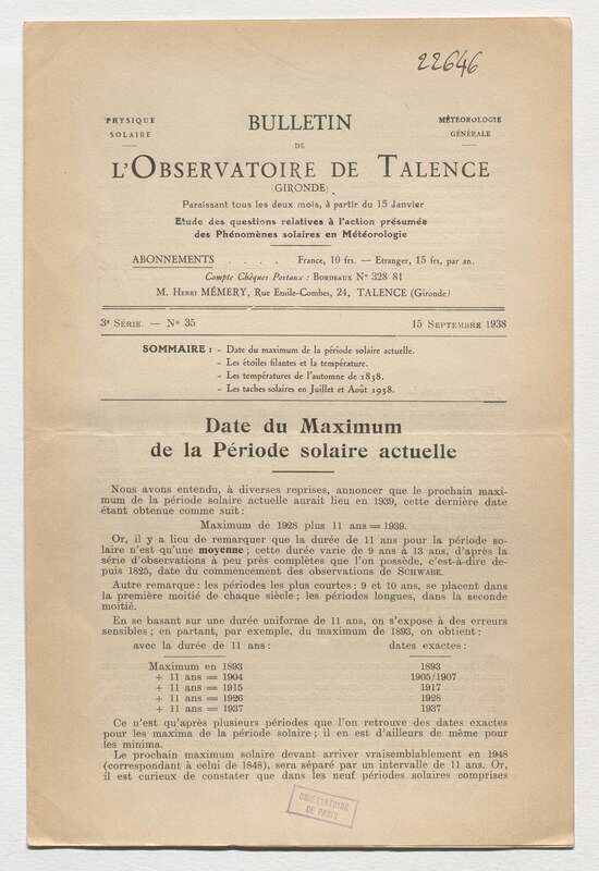 (1938) Bulletin de l'Observatoire de Talence, 3e série