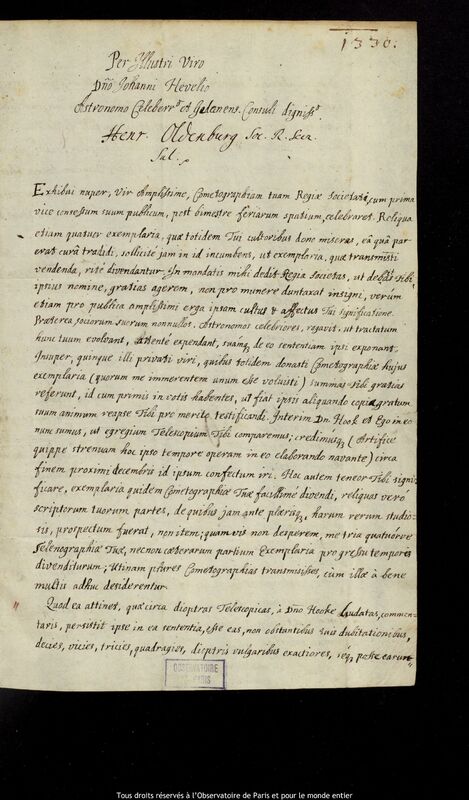 Lettre de Henry Oldenburg à Jan Heweliusz, Londres, 28 octobre 1668