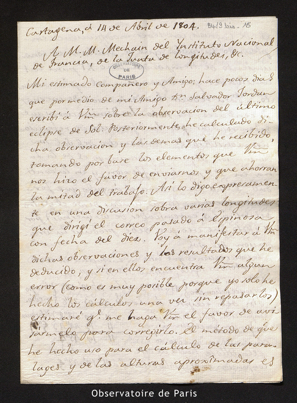 Lettre de Gabriel Ciscar à Méchain, Carthagène (Espagne) le 14 avril 1804