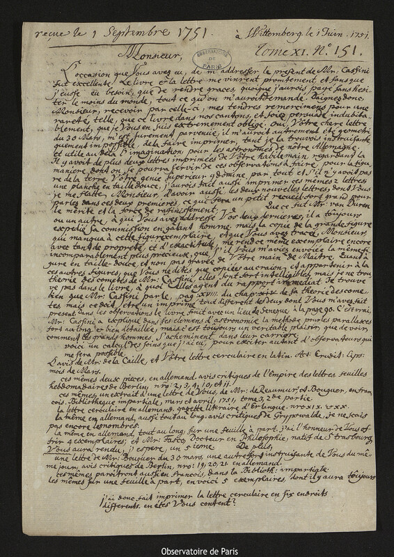 Lettre de Georg Matthias Bose à Joseph-Nicolas Delisle, Wittenberg, 1 juin 1751