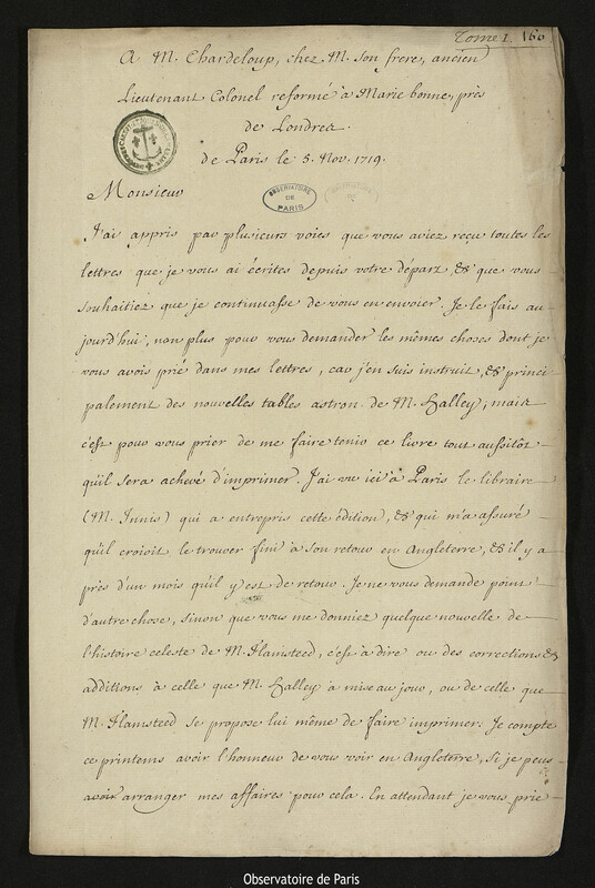 Lettre de Joseph-Nicolas Delisle à Jean Chardeloup, Paris, 5 novembre 1719