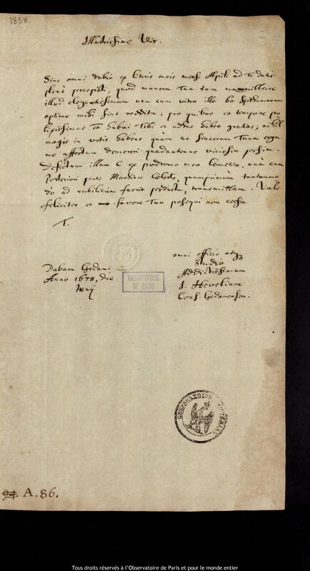 Lettre de Jan Heweliusz à Fortunato Vinaccesi, Gdansk, juin 1678