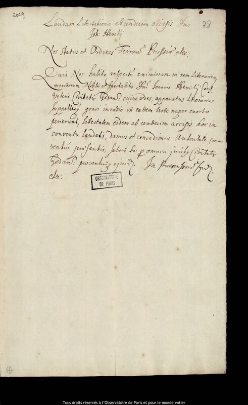 Texte manuscrit de Prusse (Landständische Regierung) ? à Jan Heweliusz, 1680