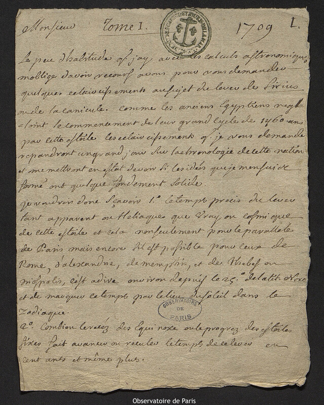 Lettre de Nicolas Fréret à Joseph-Nicolas Delisle, 1709