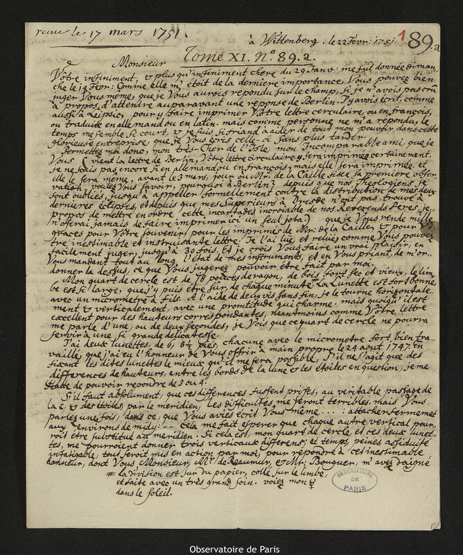 Lettre de Georg Matthias Bose à Joseph-Nicolas Delisle, Wittenberg, 22 février 1751