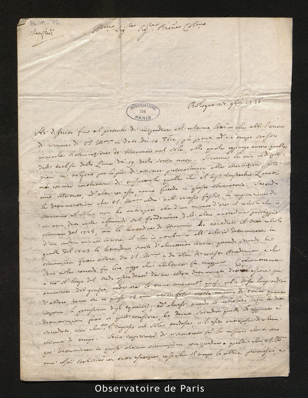 Lettre de Manfredi à Cassini [II ou III], Bologne le 27 novembre 1736