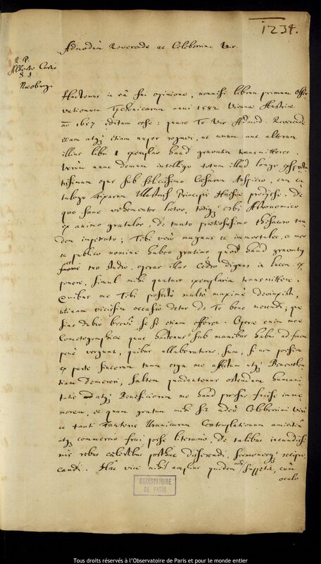 Lettre de Jan Heweliusz à Albert Curtz, Gdansk, 26 juillet 1667