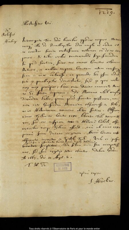 Lettre de Jan Heweliusz à Stanislaw Lubieniecki, Gdansk, 10 août 1667