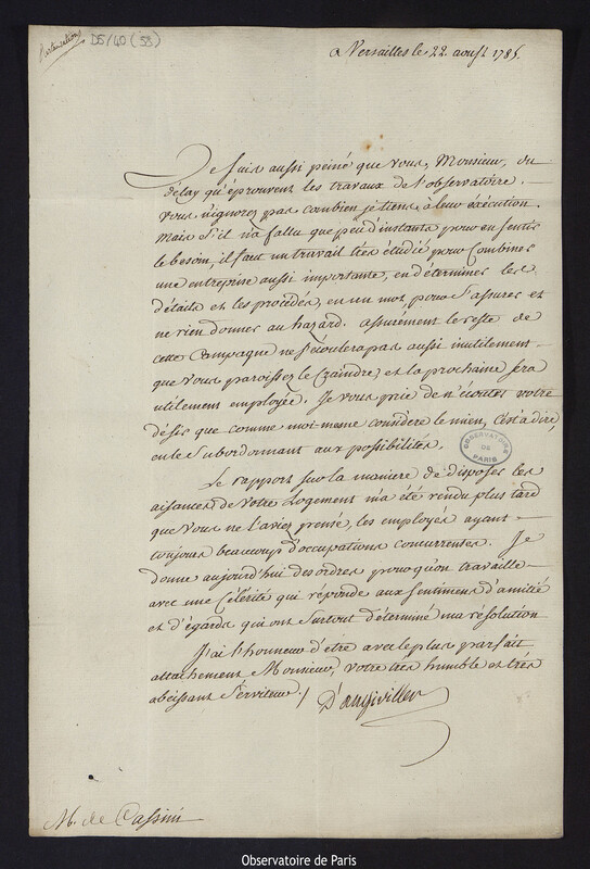 Lettre du comte d'Angiviller à Cassini IV, à Versailles en 22 août 1785