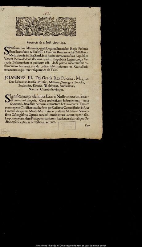 Texte imprimé d’un auteur non identifié, Jaworów, 9 juin 1684