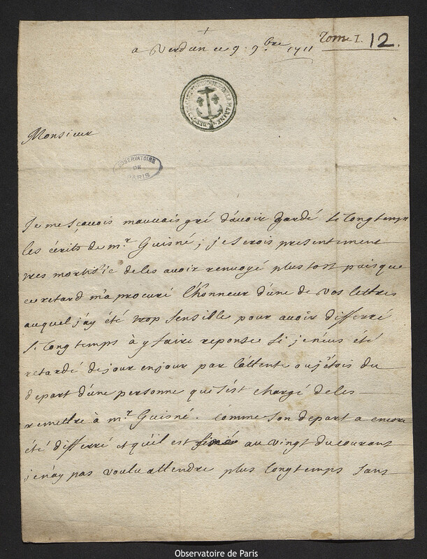 Lettre de Charles Teinturier à Joseph-Nicolas Delisle, Verdun, 9 novembre 1711