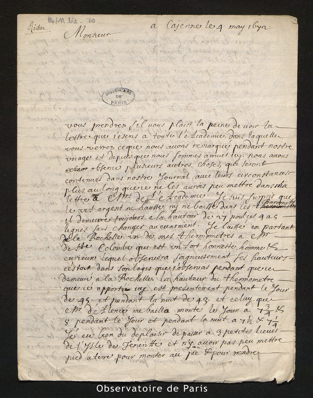 Lettre de Richer à Cassini I, Cayenne le 4 mai 1672