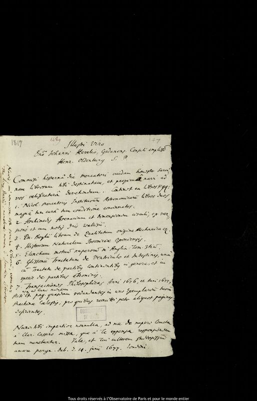 Lettre de Henry Oldenburg à Jan Heweliusz, Londres, 14 juin 1677