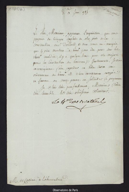 Lettre de Louis Le Tonnelier, baron de Breteuil, à Cassini IV, directeur de l'Observatoire, le 3 juin 1785