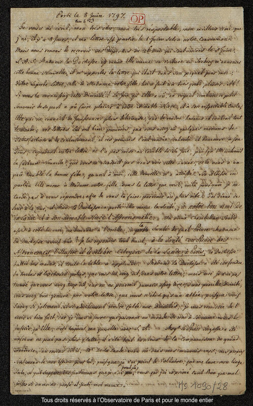 Lettre du baron Franz Xaver von Zach à Joseph Jérôme Le françois de Lalande [Gotha], 8 juin 1797