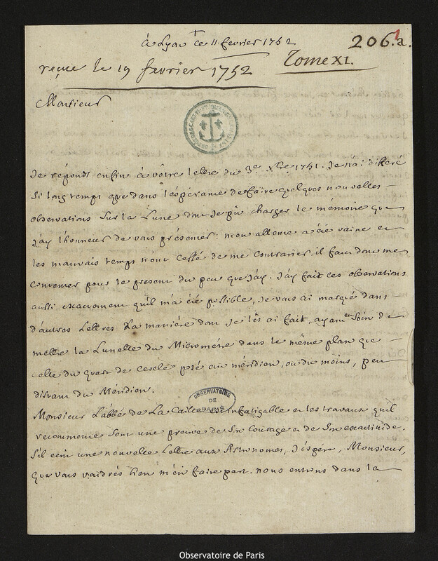 Lettre de Laurent Béraud à Joseph-Nicolas Delisle, Lyon