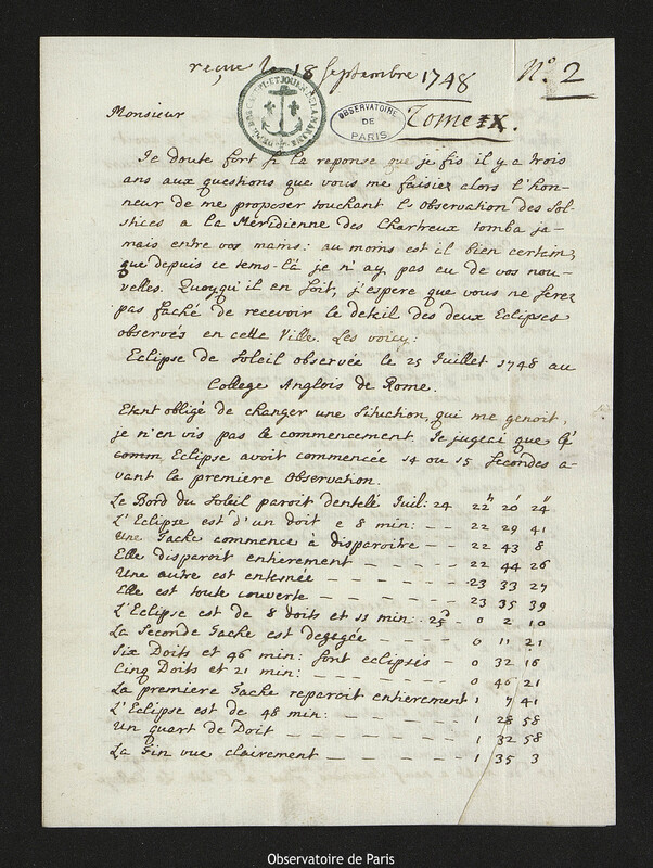 Lettre de Christopher Maire à Joseph-Nicolas Delisle, Rome, 28 août 1748