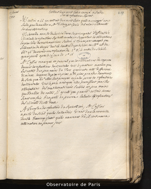 CASSINI I. Extrait d'un écrit latin envoyé à Suède sur les réfractions septent