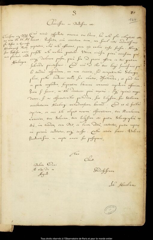 Lettre de Jan Heweliusz à Johann Adolf Tassius, Gdansk, 10 août 1647